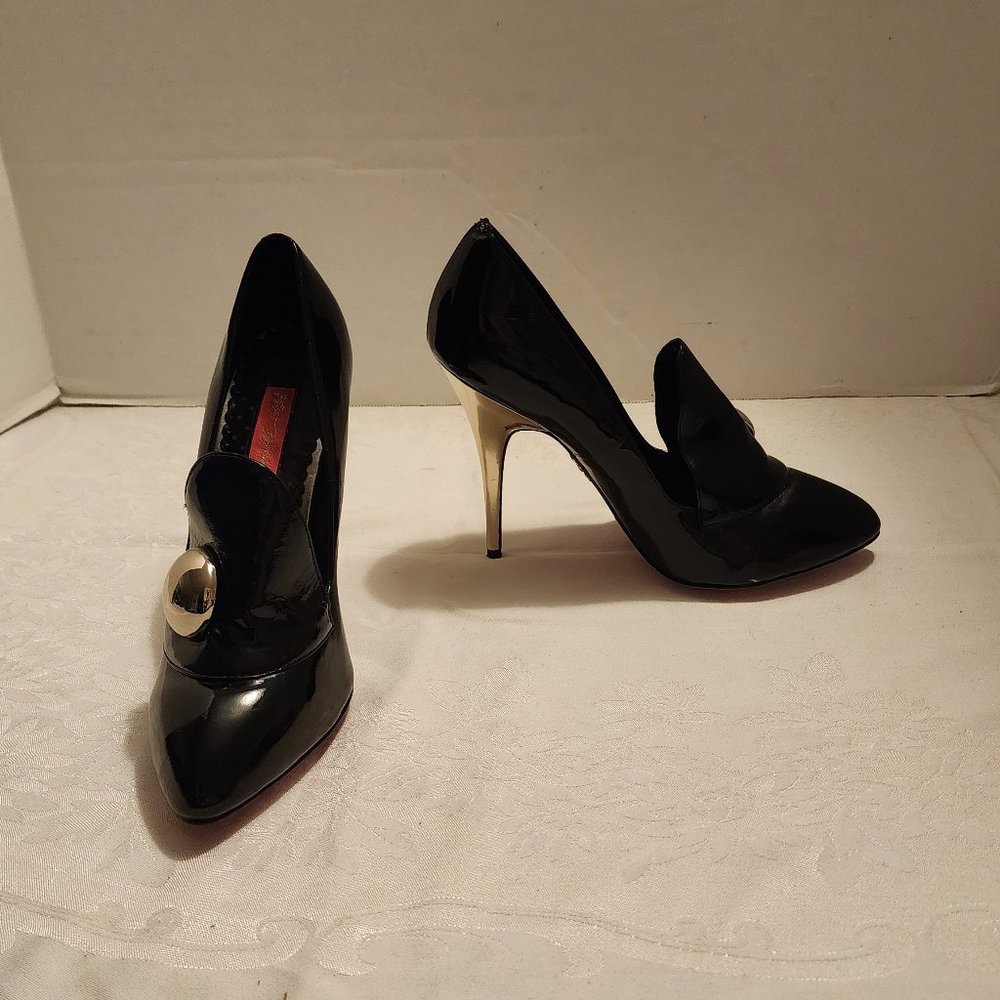 Betsey Johnson Black Patent Leather Pointed Toe Pumps with Gold Heel